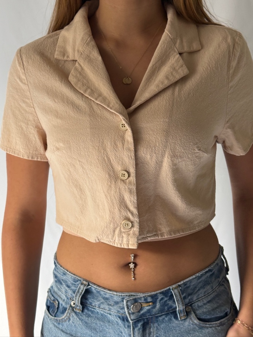 Beige Short-Sleeve Cropped Button-Up Top